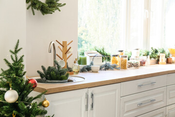 Interior of modern kitchen on Christmas eve