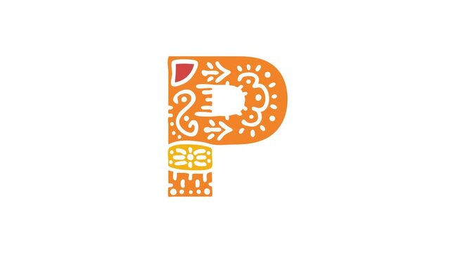 Letter P. Ethnic ornament, national pattern in letter. 3 colors. 4K video. Isolated on white background. Cartoon Animation. Capital Letter P for education, erudition, ABC, software, interface game.
