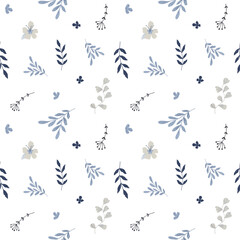 Romantic blue seamless pattern with flowers and leaves.