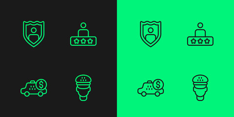 Set line Taxi driver, Taximeter device, Life insurance with shield and service rating icon. Vector