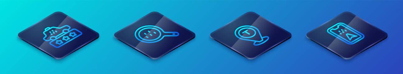 Set Isometric line Location taxi car, Taxi service rating, Infographic of city map and Search icon. Vector