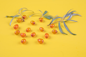 Fresh ripe sea buckthorn on light yellow background, flat lay. Space for text