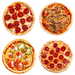 Set of different pizzas collage isolated on white background