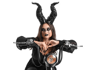 Naklejka premium Woman dressed for Halloween with motorcycle on white background