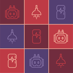 Set line Tee plug electric, Refrigerator and Lamp hanging icon. Vector