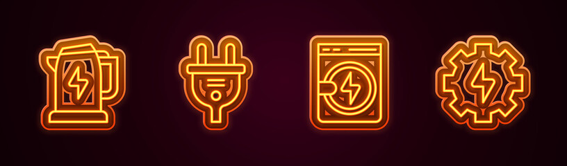 Set line Electric kettle, plug, Washer and Gear and lightning. Glowing neon icon. Vector