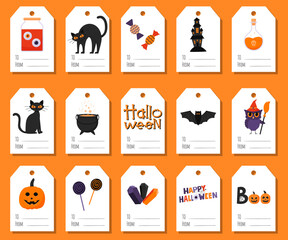 A collection of colorful gift labels with Halloween symbols and words - to, from. Jar with eyes, cauldron, witch, crystal, lollipops, boo, pumpkin lantern.Flat vector illustrations on white.