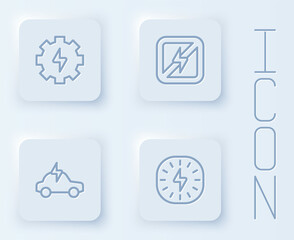 Set line Gear and lightning, No, Electric car and Lightning bolt. White square button. Vector
