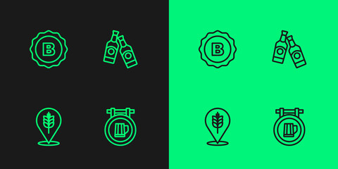 Set line Street signboard with beer, Wheat, Bottle cap and Beer bottle icon. Vector