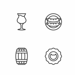 Set line Bottle opener, Wooden barrel, Glass of beer and Sausage icon. Vector