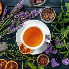 Tea, overhead square shot. Herbs, flowers and fruit around a cup of tea on a dark rustic wooden background