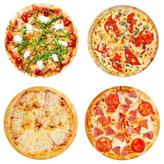 Isolated collage of various types of pizza on white