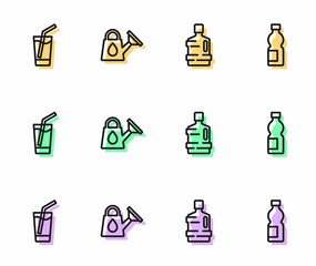 Set line Big bottle with clean water, Glass, Watering can and Bottle of icon. Vector