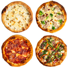 Isolated collage of various types of pizza on white
