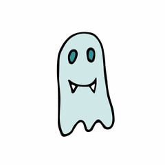 Doodle Halloween smiling ghost. Cartoon character with fangs isolated on white background. Hand-drawn cute scary evil spirits. Vector apparition sign for spooky autumn holidays, print, trick or treat