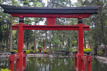 Fototapeta na wymiar Traditional Japanese gate and pond in Masayoshi Ohira Park