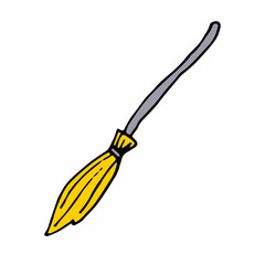 Obraz premium Doodle Halloween color broom. Outline witchcraft broomstick isolated on white background. Hand-drawn yellow symbol of Halloween, magic, witch, purity, clean, scary autumn holidays. Vector illustration