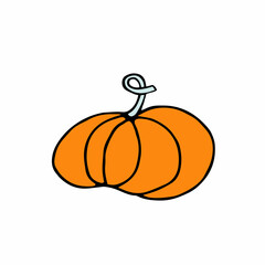 Doodle Pumpkin isolated on white background. Orange hand-drawn vegetable. Cartoon ripe harvest gourd sign. Farm product symbol. Vector illustration for autumn holiday, market, Halloween, Thanksgiving