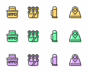 Set line Thermos container, Ammunition box, Quiver with arrows and Hunt place icon. Vector