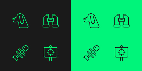 Set line Target sport, Dead fish, Hunting dog and Binoculars icon. Vector