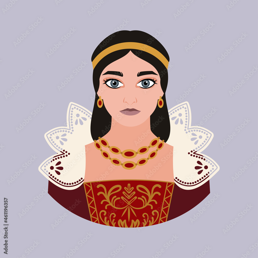 Wall mural Avatar of a medieval woman in a dark red dress with embroidered gold with a white collar. Fantasy. Flat vector illustration.