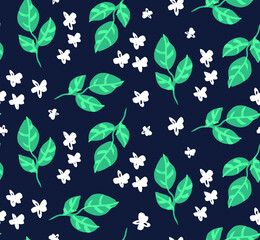 Obraz premium Abstract Hand Drawing Leaves and Ditsy Flowers Seamless Vector Pattern Isolated Background