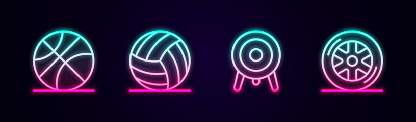Set line Basketball ball, Volleyball, Target sport and Car wheel. Glowing neon icon. Vector