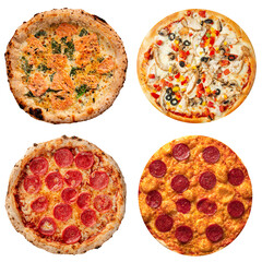 Set of different hot pizzas with delicious toppings on white background