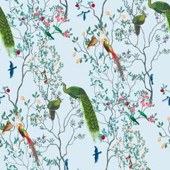 Fototapety  Chinoiserie Vintage floral illustration for wallpaper, fabric, poster, print. Mural. Bloom. Seamless background with exotic birds and flowers
