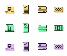 Set line Credit card, Shopping cart on screen laptop, list and Stacks paper money cash icon. Vector