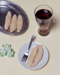 Crumbly cake with a sprinkling of sweet sugar as a snack. This cake is made from sticky rice so it has a chewy texture. The brittle cake comes from the city of Surabaya. Homemade cake. Focus blur.