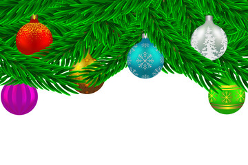 Festive ornament with spruce branch and christmas balls. Vector illustration.