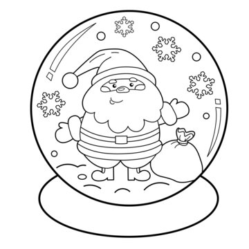 recommend clip art: Coloring Page Outline Of Snow globe with Santa Claus with gifts bag. New year. Christmas. Coloring book for kids