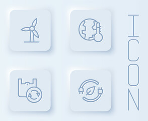 Set line Wind turbine, Earth melting to global warming, Shopping bag with recycle and Electric saving plug leaf. White square button. Vector