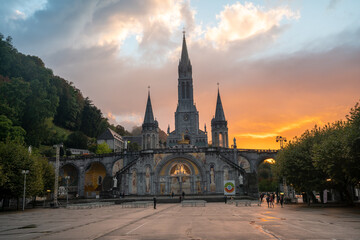 Sanctuary of Our Lady in Lourdes during a phenomenal sunset
