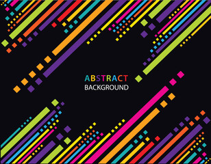 Rainbow vector lines and squares isolated on black background. Trendy graphic template. with place for your text.