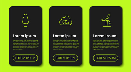 Set line Tree, CO2 emissions in cloud and Wind turbine. Business infographic template. Vector