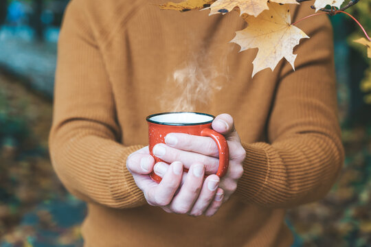 Autumn drink tea or coffee in hands on the background of October yellow leaves. Autumn comfort and mood background concept.