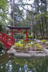 Traditional Japanese gate and pond in Masayoshi Ohira Park