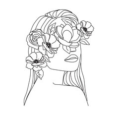 Woman face with flowers. Line art female hands with butterflies. One line vector drawing. Portrait minimalistic style. Botanical print. Nature symbol of cosmetics.