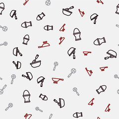 Set line Cooking whisk with bowl, Chicken egg on a stand, Spatula and Frying pan fire on seamless pattern. Vector
