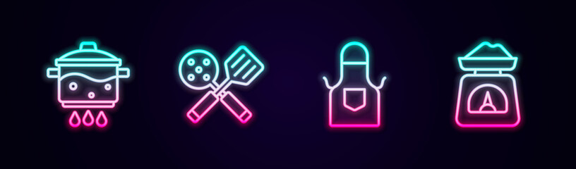 Set line Cooking pot on fire, Spatula, Kitchen apron and Scales. Glowing neon icon. Vector