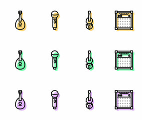 Set line Violin, Mandolin, Microphone and Guitar amplifier icon. Vector