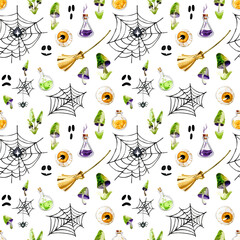 Watercolor seamless pattern. Watercolor seamless pattern. Rowan branches with leaves and berries, Isolated on a white background, isolated on a white background.