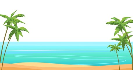 Fototapeta na wymiar Sea beach. Summer seascape. Far away is the ocean horizon. Calm weather. Simple design. Flat style illustration. Vector.