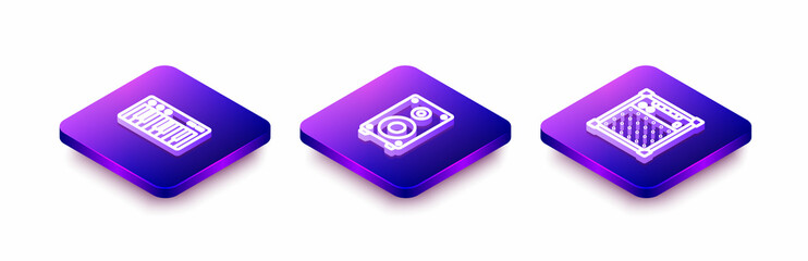 Set Isometric line Music synthesizer, Stereo speaker and Guitar amplifier icon. Vector