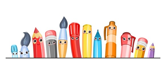 Stationery. Cartoon characters with faces. Markers and pencils. Cheerful cute characters with smiles. A friendly company of tools for painting and creativity. Isolated on white background. Vector.