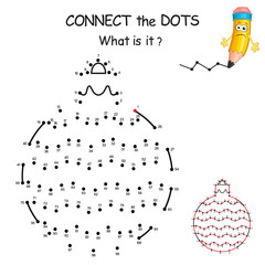 Connect the dots by numbers to draw the christmas toy. Dot to dot Education Game and Coloring Page with cartoon New Year Ball. Logic Game for Kids. Education card for kid learning counting number.