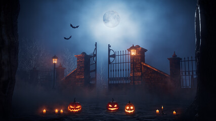 Jack O' Lanterns at Eerie Churchyard Gate. Halloween background.