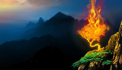 Burning bush on top of a mountain biblical story concept. Religious conceptual theme with copy...